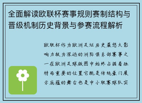 全面解读欧联杯赛事规则赛制结构与晋级机制历史背景与参赛流程解析